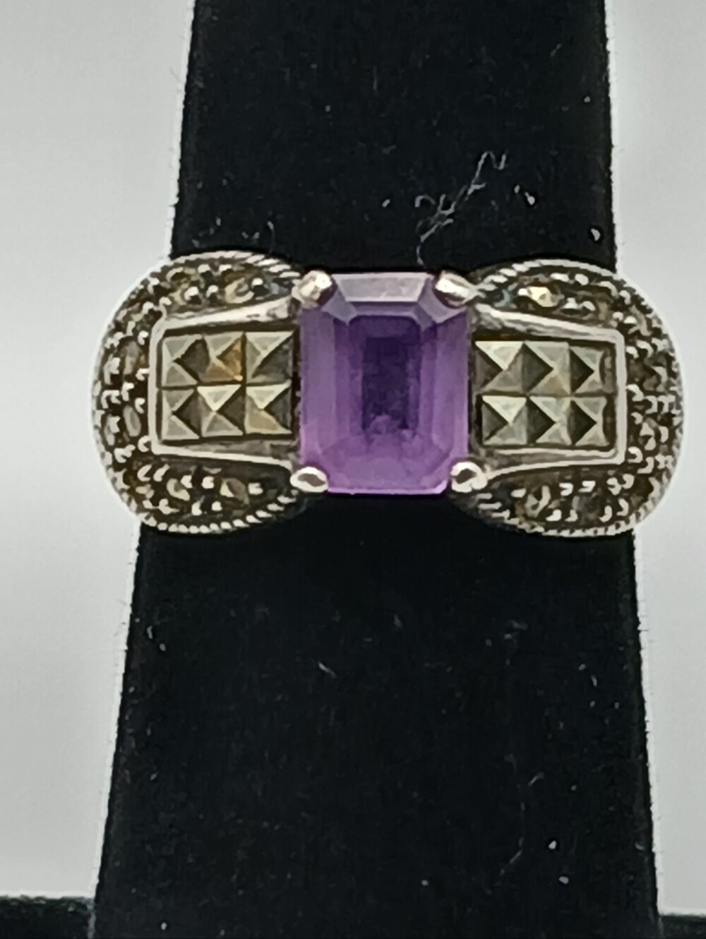 VTG Sterling Silver Amethyst & Marcasite Art Deco Statement Ring Size 7 4g